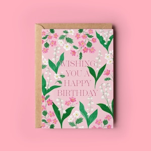 Tarjeta de felicitación de feliz cumpleaños, tarjeta de lirio de los valles, espinos, tarjeta botánica de acuarela, tarjeta de cumpleaños floral