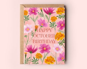 Happy October birthday greeting card, Birth flowers card, Marigold birth card, Botanical illustration card, Cosmos birth card, Floral design