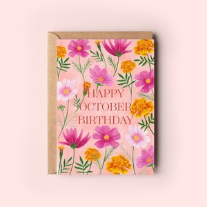 Herzlichen Glückwunsch Oktober Geburtstag Grußkarte, Geburtsblumen Karte, Ringelblumen Geburtskarte, Botanische Illustration Karte, Kosmos Geburtskarte, Florales Design
