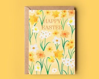 Happy Easter greeting card, Single or 4 or 8 pack of easter cards, Yellow spring flowers, Daffodil and Jonquils card, Easter card for family