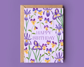 Happy birthday greeting card, Watercolour purple flowers card, Irises card, Botanical illustration card, Violet floral card, Art card
