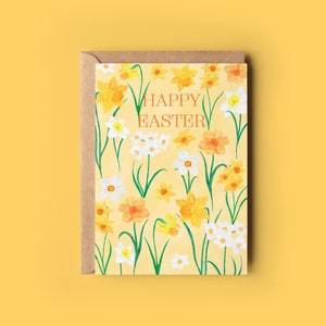 Carte de voeux de joyeuses Pâques, un ou 4 ou 8 jeux de cartes de Pâques, fleurs de printemps jaunes, carte jonquilles et jonquilles, carte de Pâques pour la famille