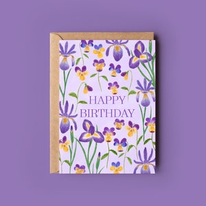 Carte de voeux de joyeux anniversaire, carte de fleurs violettes aquarelles, carte d'iris, carte d'illustration botanique, carte floral violette, carte d'art