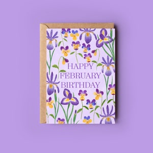 Tarjeta de felicitación de feliz cumpleaños de febrero, tarjeta de flores de nacimiento, tarjeta de nacimiento de iris, tarjeta de ilustración botánica, tarjeta de nacimiento violeta, arte de acuarela