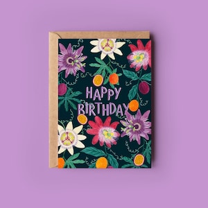 Carte de voeux d'anniversaire fruit de la passion, carte fruitée, illustration botanique à l'aquarelle, fleurs de la passion tropicales, carte pour un ami
