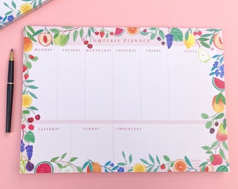 Fruity A4 weekly planner pad, Recycled paper notepad, Eco friendly weekly pad, Fruit stationery, To Do list, Meal planner, Desk planner