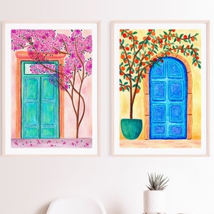 Mediterranean door print set, Greek art prints, Mediterranean decor, Travel wall art, Pink bougainvillea print, Orange tree, Greek blue door