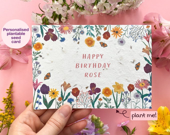Personalised plantable card, Floral, Customised Wildflower seed card, Eco friendly biodegradable card, Any occasion card, Custom name