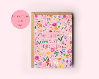 Any age birthday card, Birth flowers card, Personalised age card, Botanical watercolour illustration card, Colourful flowers card for her