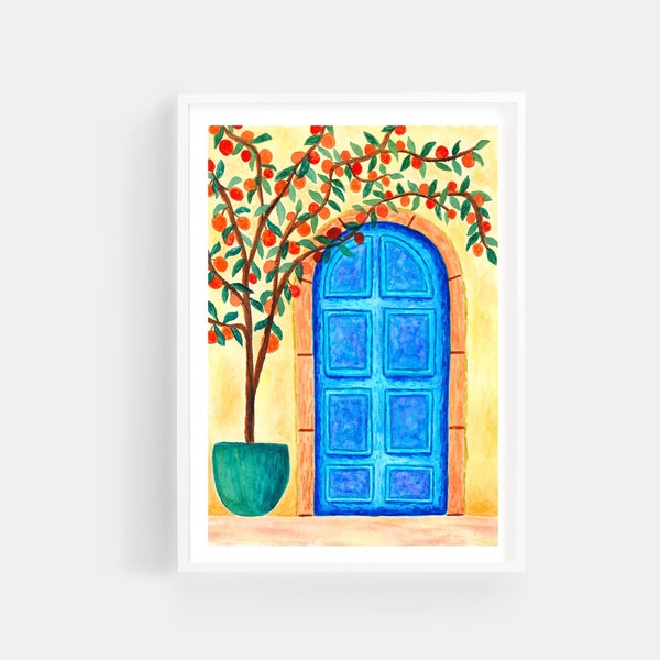 Türkisblaue Tür, Kunstdruck griechischer Türen, Orangenbaumdruck, Reisewandkunst, Blau-Orange, Nordzypern Druck, mediterranes Dekor