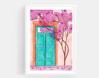 Mediterranean green door print, Greek print, Travel wall print, Pink bougainvillea art print, Greek wall decor, Green door illustration