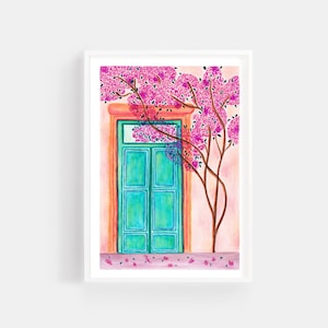 Mediterranean green door print, Greek print, Travel wall print, Pink bougainvillea art print, Greek wall decor, Green door illustration