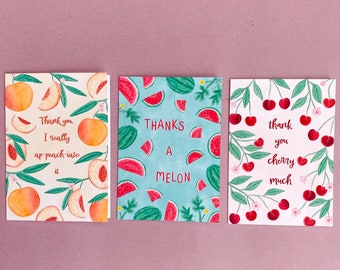 Thank you fruit cards pack, Funny fruit pun cards, Watercolour botanical illustration, Thank you card set, Cherries, Watermelon, Peaches