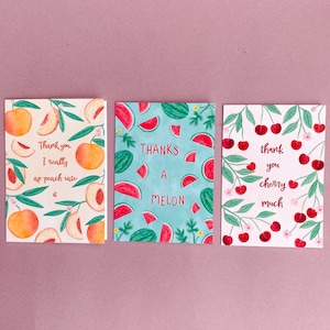 Paquete de tarjetas de frutas de agradecimiento, Tarjetas de juegos de palabras de frutas divertidas, Ilustración botánica de acuarela, Conjunto de tarjetas de agradecimiento, Cerezas, Sandía, Melocotones