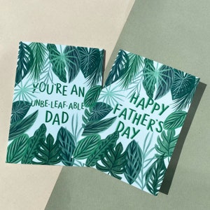 Tarjeta del Día del Padre Feliz, Unbeleafable, Plantas de la casa, Tarjeta de juego de palabras de papá, Tarjeta para padre, Papá jardinero, Tarjeta tropical verde para él