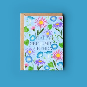 Cartão de feliz aniversário de setembro, cartão de flores de nascimento, cartão de nascimento de Aster, ilustrações botânicas em aquarela, cartão de nascimento de glória da manhã