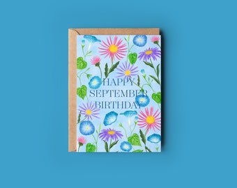 September Birth Flower Card, Watercolour Aster and Morning Glory