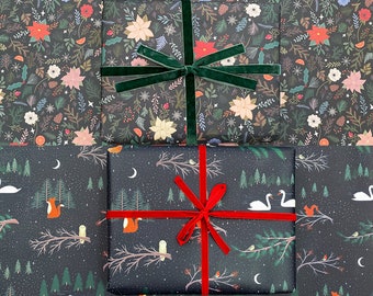 Christmas recyclable wrapping paper bundle 2 designs, Woodland animals, Eco friendly gift wrap, Christmas foliage, Poinsettia gift wrap