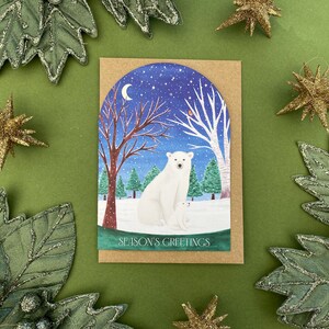 Carte de voeux de Noël ours polaire, carte d'illustration hivernale, paquet de cartes de Noël arche, carte de fête en forme de boule à neige, scène enneigée