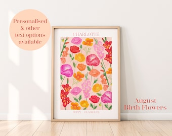 Personalised August birth flowers art print, Poppies print, August birthday gift, Botanical flowers wall print, Gladiolus art print