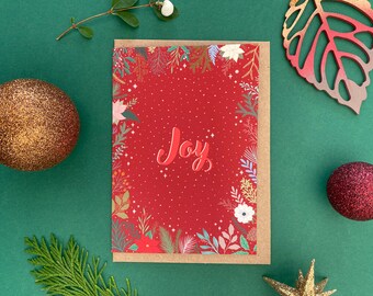 Joy Christmas card, Red Christmas foliage illustrations, Christmas stars, Handmade Christmas card pack, Poinsettia flowers card