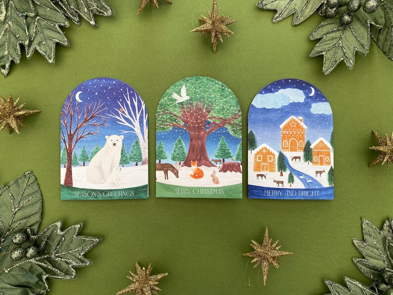 Christmas cards pack, Luxury Arch christmas cards, snowglobe shape cards, polar bears, woodland animals, gingerbread houses, Winter scenes image 7
