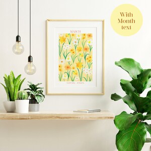 May include: A printable art print featuring a yellow background with a pattern of daffodils and jonquils. The print has the word "MARCH" at the top and the words "DAFFODIL, JONQUIL" at the bottom.
