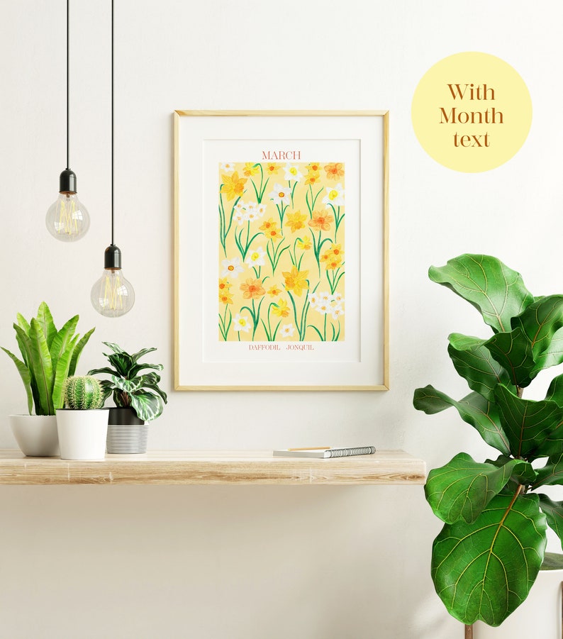 May include: A printable art print featuring a yellow background with a pattern of daffodils and jonquils. The print has the word "MARCH" at the top and the words "DAFFODIL, JONQUIL" at the bottom.