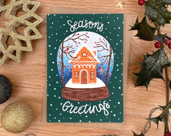 Gingerbread house Christmas card, Handmade Season's Greetings greeting card, Snowglobe with house card, Christmas robins, christmas scene