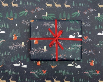 Feuilles de papier cadeau recyclables pour Noël, Animaux de la forêt, Emballage cadeau respectueux de l'environnement, Papier cadeau animaux hivernaux, Paquets de papier cadeau
