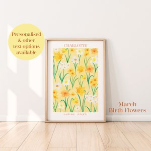 May include: A printable art print featuring a yellow background with a pattern of yellow and white daffodils and jonquils. The text "CHARLOTTE" is at the top of the print, and the text "DAFFODIL JONQUIL" is at the bottom. The text "March Birth Flowers" is below the print.