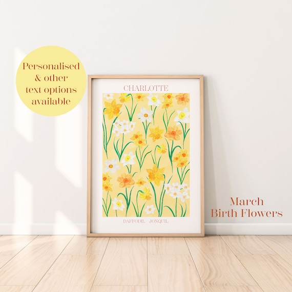 Personalised March birth flowers art print, Daffodils print, March birthday gift, Botanical flowers wall print, Jonquil flower art print