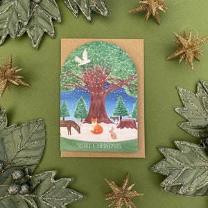 Carte de joyeux Noël des bois, carte d'illustration d'animaux d'hiver, paquet de cartes de Noël arche, carte de fête en forme de boule à neige, carte de sapin de Noël