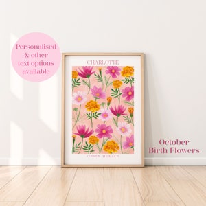 Impresión artística personalizada de flores de nacimiento de octubre, impresión de caléndula, regalo de cumpleaños de octubre, impresión de pared de flores botánicas, arte de flores de cosmos rosa