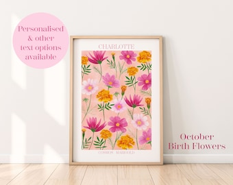 Personalised October birth flowers art print, Marigold print, October birthday gift, Botanical flowers wall print, Pink cosmos flower art