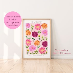 Personalised November birth flowers art print, Chrysanthemum print, November birthday gift, Botanical flowers wall print, Peony flower art