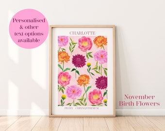 Personalised November birth flowers art print, Chrysanthemum print, November birthday gift, Botanical flowers wall print, Peony flower art