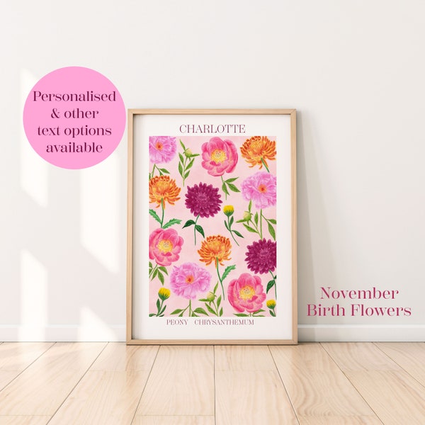Personalised November birth flowers art print, Chrysanthemum print, November birthday gift, Botanical flowers wall print, Peony flower art