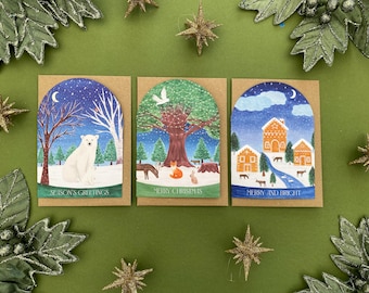 Christmas cards pack, Luxury Arch christmas cards, snowglobe shape cards, polar bears, woodland animals, gingerbread houses, Winter scenes