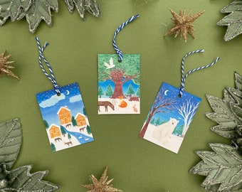 Christmas gift tags pack, Winter scene, Rectangle shaped tags, Woodland animals, Snowy scenes, Festive tags, Winter animals gift tags