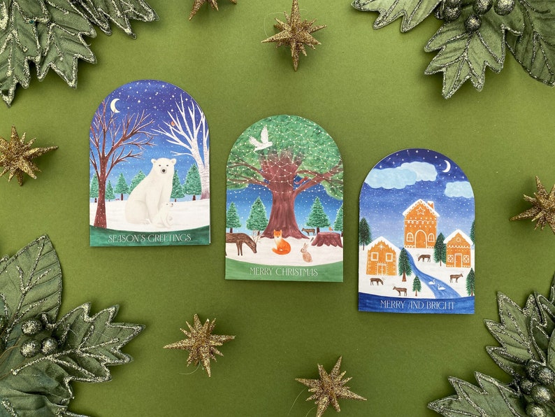 Christmas cards pack, Luxury Arch christmas cards, snowglobe shape cards, polar bears, woodland animals, gingerbread houses, Winter scenes image 2