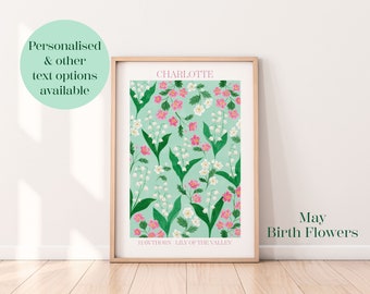 Personalised May birth flowers art print, Lily of the valley print, May birthday gift, Botanical flowers wall print, Hawthorn print