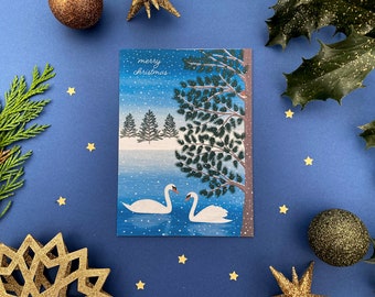 Cartão de cisne de feliz natal, Cartão de ilustração de inverno, Lago de inverno, Pacote de cartões de natal feitos à mão, Cartão de tordo de natal, Cena de neve, Lago dos cisnes