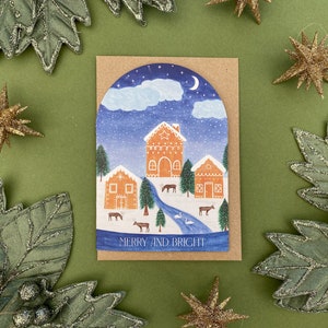 Biglietto allegro e luminoso con casetta di pan di zenzero, biglietto con illustrazione invernale, pacchetto di biglietti di Natale ad arco, biglietto festivo a forma di globo di neve, scena innevata