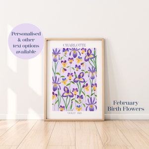 Lámina artística personalizada con flores de nacimiento de febrero, lámina de iris, regalo de cumpleaños de febrero, lámina de flores botánicas para pared, lámina artística con flores violetas