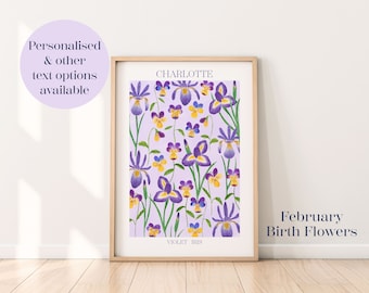 Personalised February birth flowers art print, Iris print, February birthday gift, Botanical flowers wall print, Violets flower art print