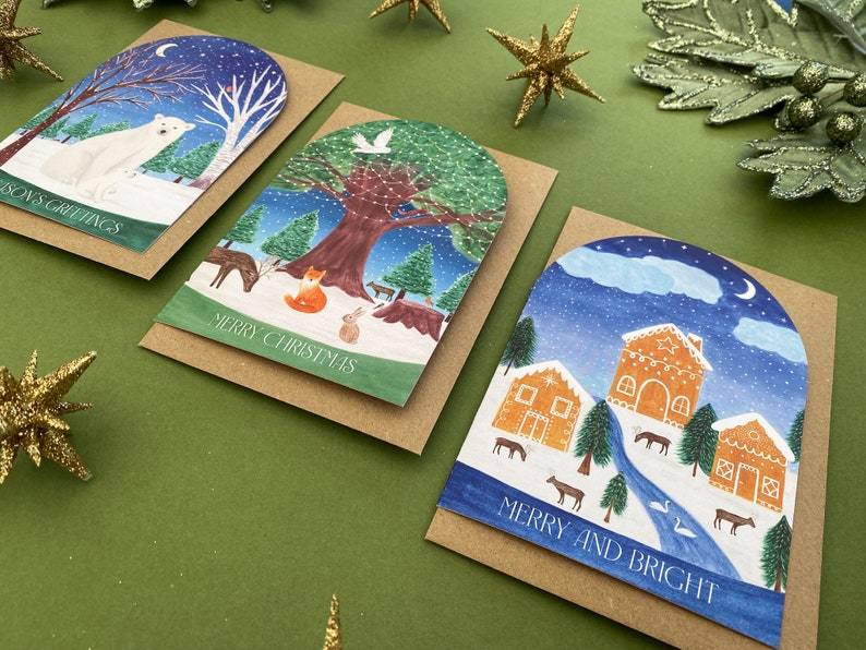 Christmas cards pack, Luxury Arch christmas cards, snowglobe shape cards, polar bears, woodland animals, gingerbread houses, Winter scenes image 3