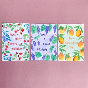 Happy birthday fruity card pack, Funny fruit pun cards, Watercolour botanical illustration, Birthday card set, Berries, Mango, Grapes