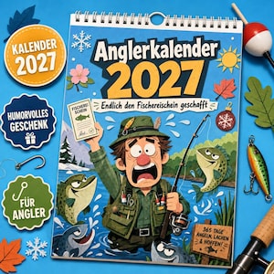 Può includere: Calendario Angler 2027 con un'illustrazione a cartoni animati di un pescatore e pesci. Il calendario include il testo "Endlich den Fischereischein geschafft" ed elementi decorativi come un fiocco di neve e una foglia.