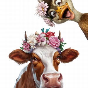 Funny wall mural with a cow and a duck | Funny animal cartoon | Digital wall art | Farm animals